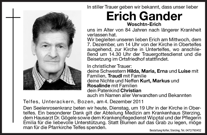  Traueranzeige für Erich Gander vom 06.12.2011 aus Dolomiten