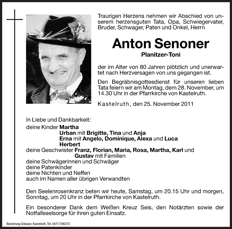  Traueranzeige für Anton Senoner vom 26.11.2011 aus Dolomiten