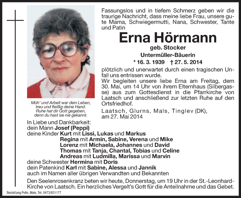  Traueranzeige für Erna Hörmann vom 29.05.2014 aus Dolomiten