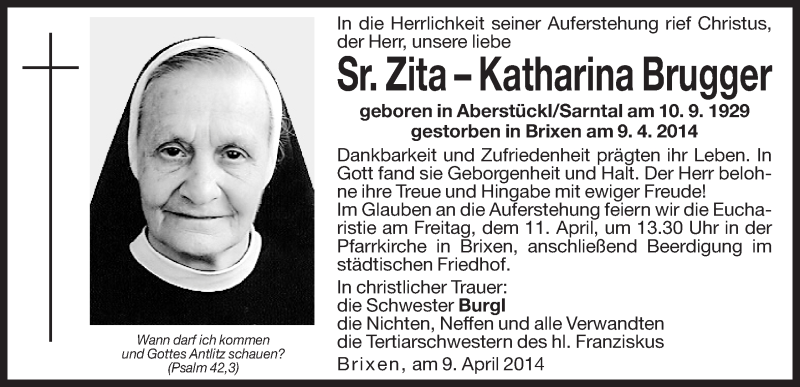  Traueranzeige für Zita–Katharina  Brugger vom 10.04.2014 aus Dolomiten