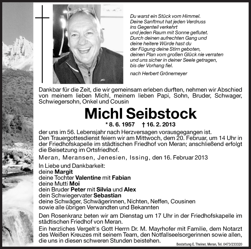  Traueranzeige für Michl Seibstock vom 18.02.2013 aus Dolomiten