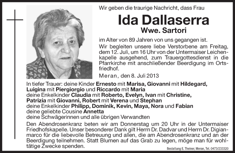  Traueranzeige für Ida Sartori vom 11.07.2013 aus Dolomiten