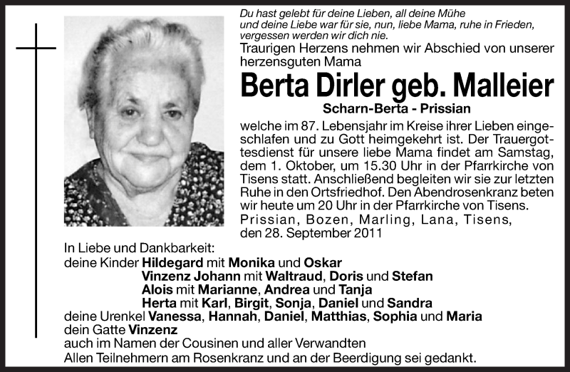  Traueranzeige für Berta Dirler vom 30.09.2011 aus Dolomiten