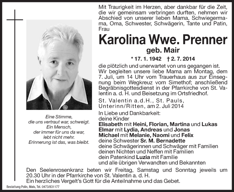  Traueranzeige für Karolina Prenner vom 04.07.2014 aus Dolomiten