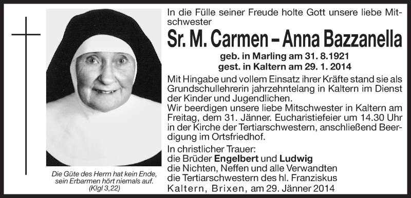  Traueranzeige für Carmen-Anna Bazzanella vom 30.01.2014 aus Dolomiten