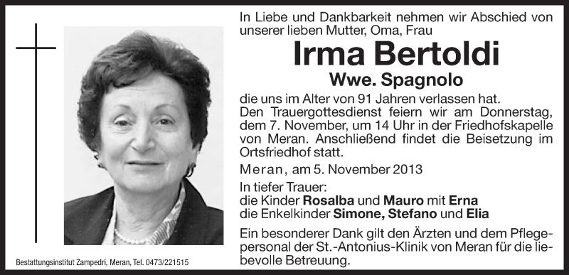  Traueranzeige für Irma Spagnolo vom 06.11.2013 aus Dolomiten