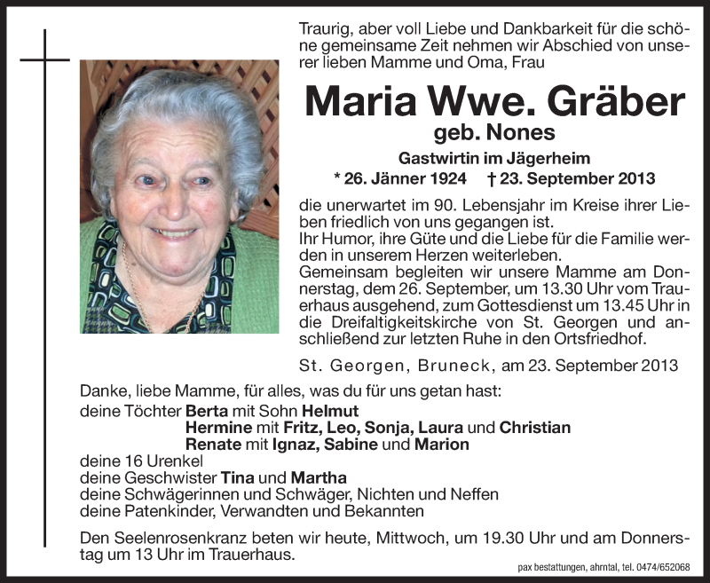  Traueranzeige für Maria Gräber vom 25.09.2013 aus Dolomiten