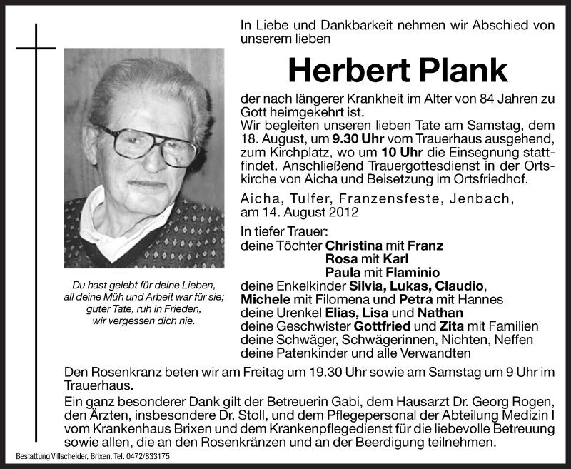  Traueranzeige für Herbert Plank vom 17.08.2012 aus Dolomiten