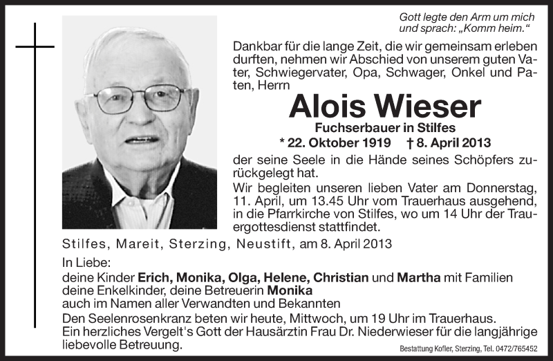  Traueranzeige für Alois Wieser vom 10.04.2013 aus Dolomiten