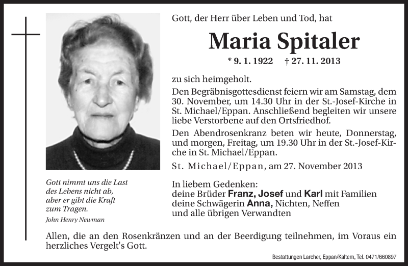  Traueranzeige für Maria Spitaler vom 28.11.2013 aus Dolomiten