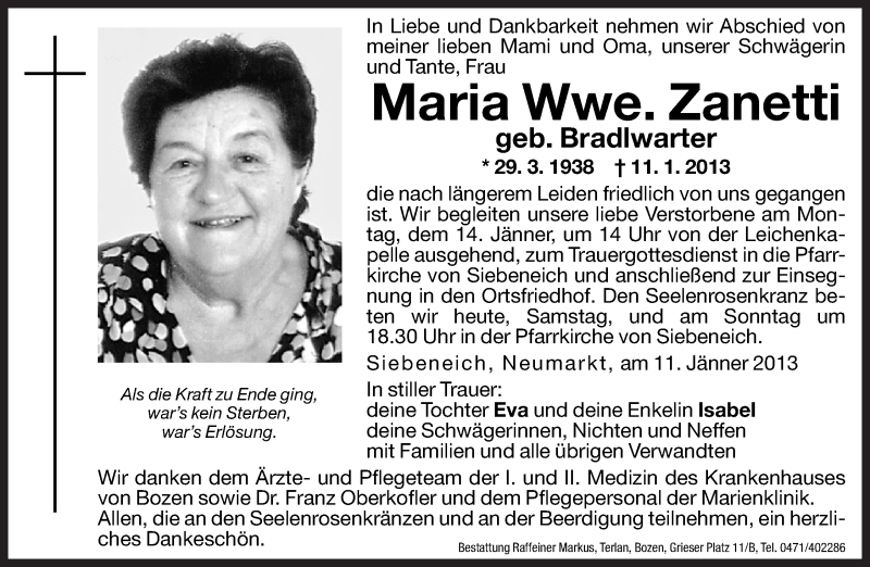  Traueranzeige für Maria Zanetti vom 12.01.2013 aus Dolomiten