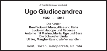 Traueranzeige von Ugo Giudiceandrea von Dolomiten