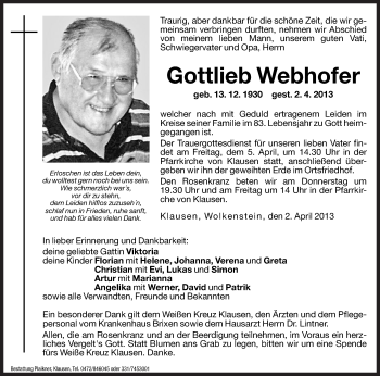 Traueranzeige von Gottlieb Webhofer von Dolomiten