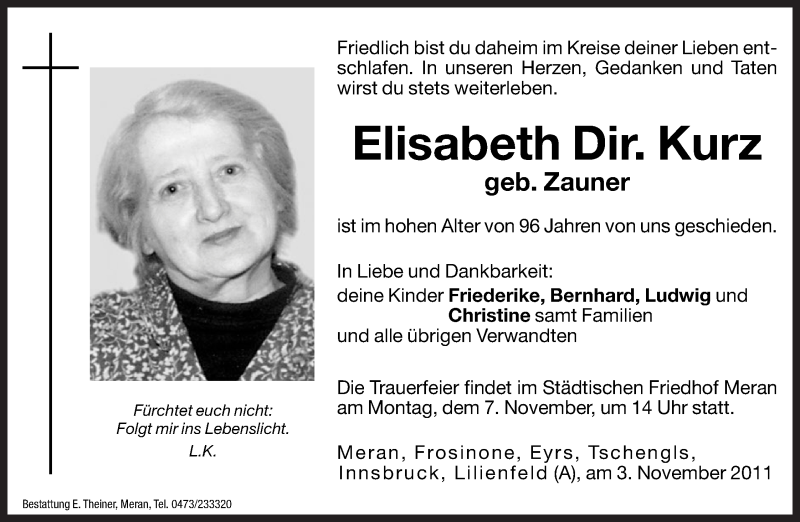  Traueranzeige für Elisabeth Kurz vom 11.05.2011 aus Dolomiten