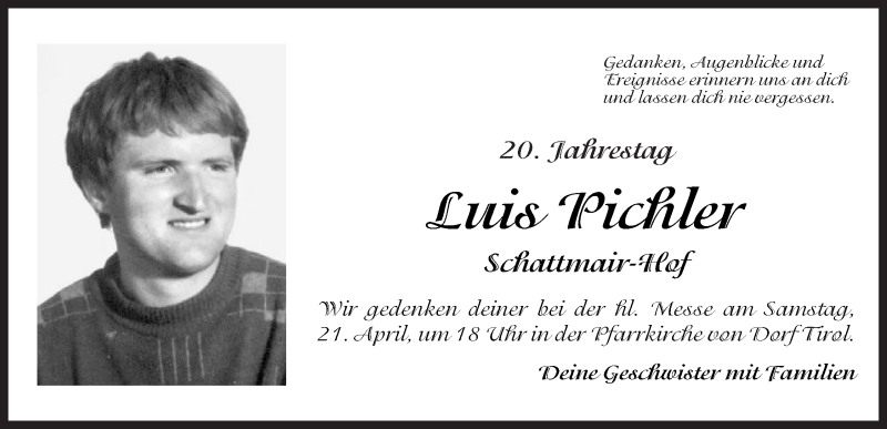  Traueranzeige für Luis Pichler vom 20.04.2012 aus Dolomiten