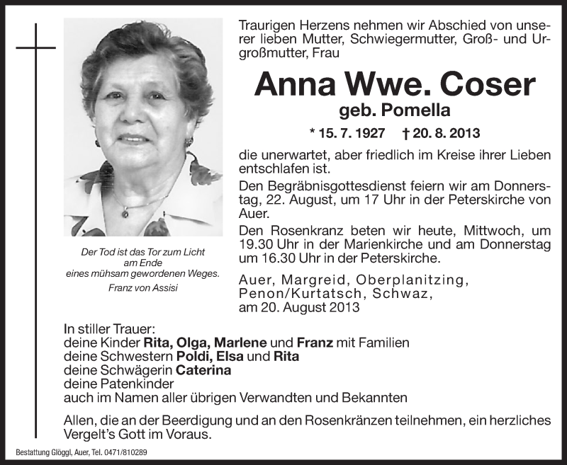  Traueranzeige für Anna Coser vom 21.08.2013 aus Dolomiten