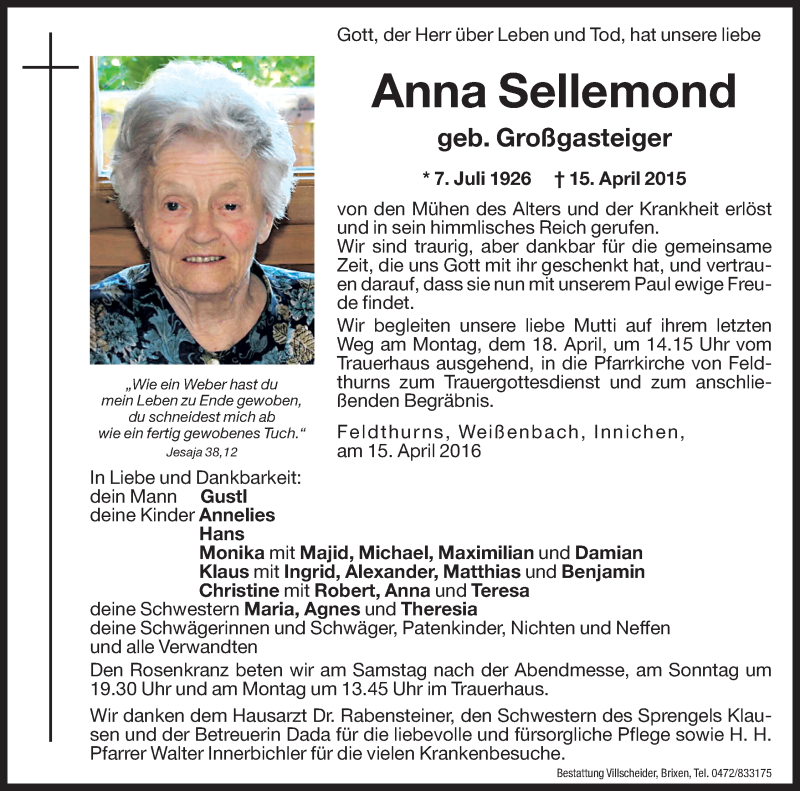  Traueranzeige für Anna Sellemond vom 16.04.2016 aus Dolomiten