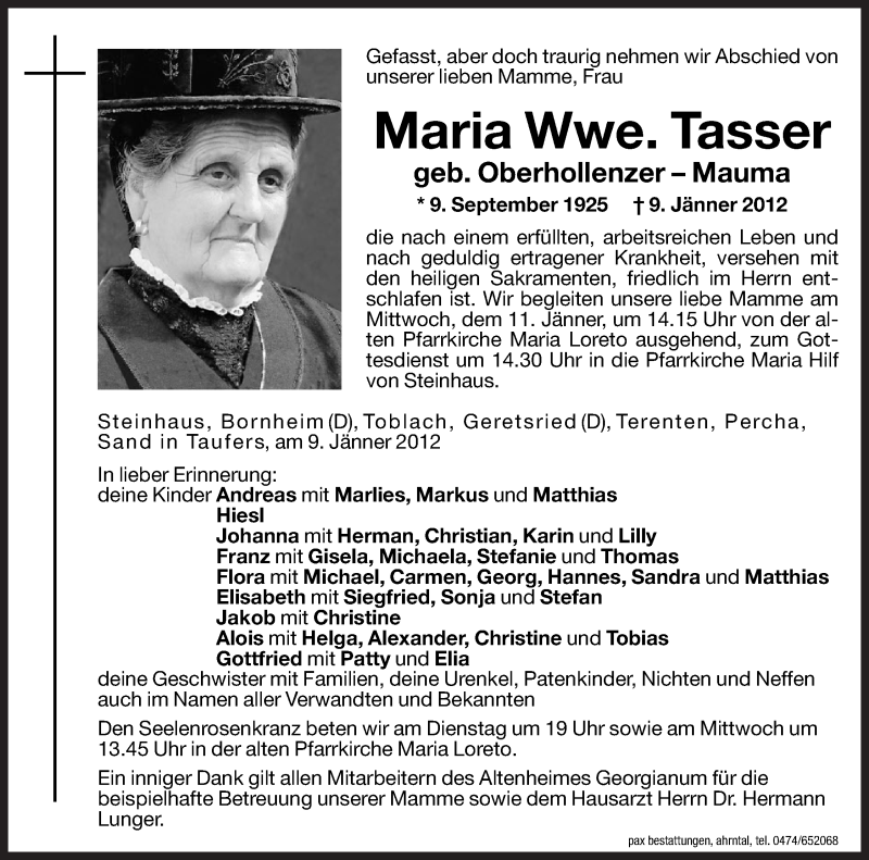  Traueranzeige für Maria Tasser vom 10.01.2012 aus Dolomiten