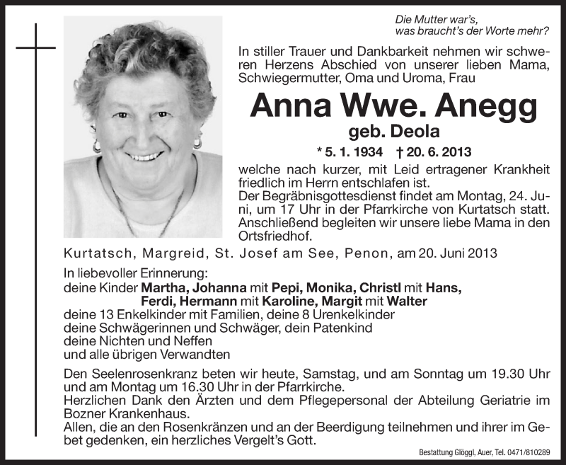  Traueranzeige für Anna Anegg vom 22.06.2013 aus Dolomiten