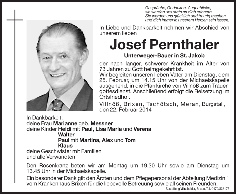  Traueranzeige für Josef Pernthaler vom 24.02.2014 aus Dolomiten