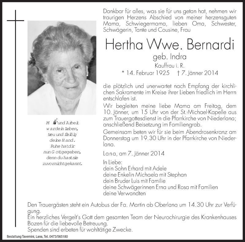  Traueranzeige für Hertha Bernardi vom 09.01.2014 aus Dolomiten