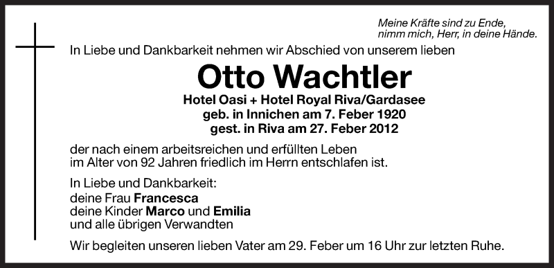  Traueranzeige für Otto Wachtler vom 28.02.2012 aus Dolomiten