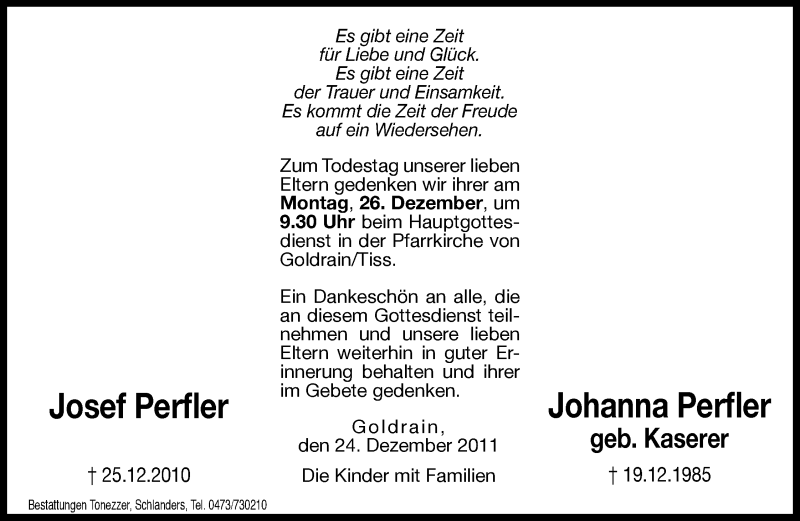  Traueranzeige für Josef und Johanna Perfler vom 24.12.2011 aus Dolomiten