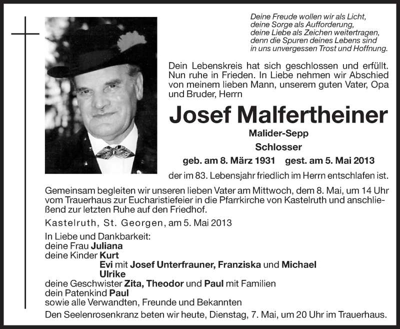  Traueranzeige für Josef Malfertheiner vom 07.05.2013 aus Dolomiten