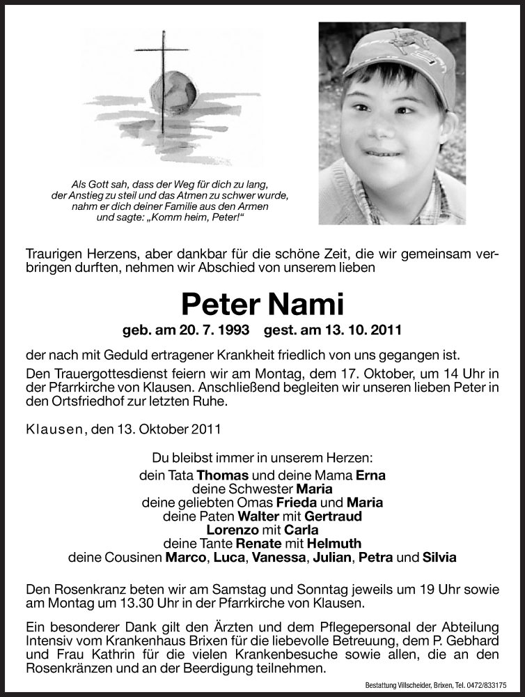  Traueranzeige für Peter  Nami vom 15.10.2011 aus Dolomiten