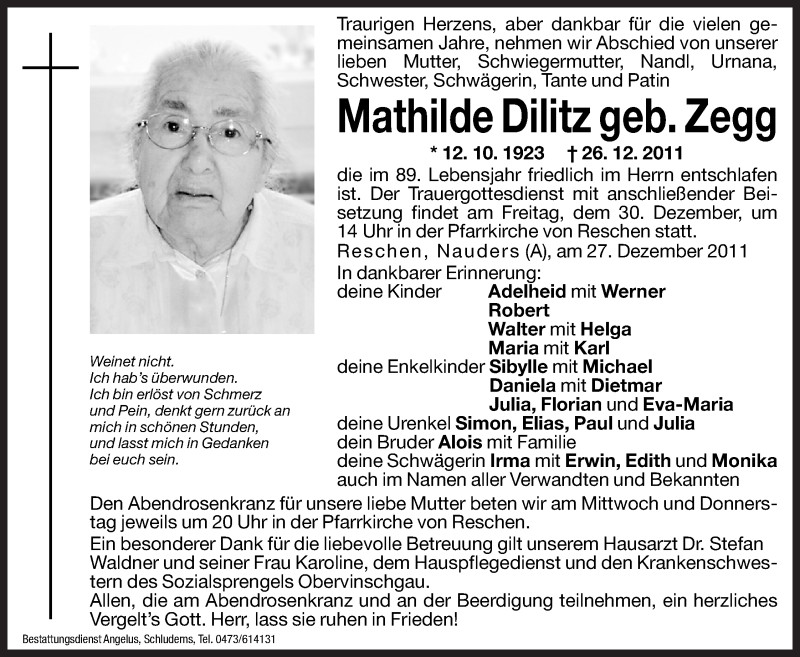  Traueranzeige für Mathilde Dilitz vom 28.12.2011 aus Dolomiten