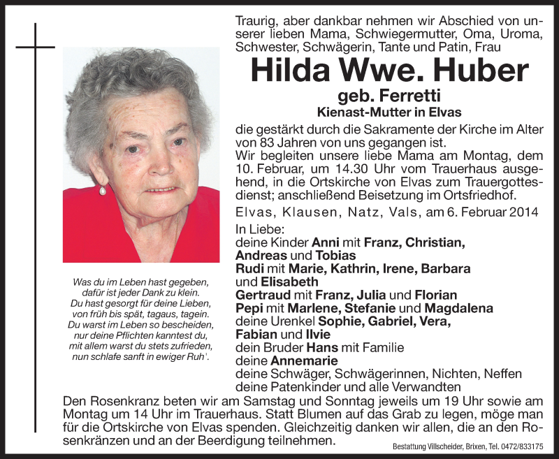  Traueranzeige für Hilda Huber vom 08.02.2014 aus Dolomiten