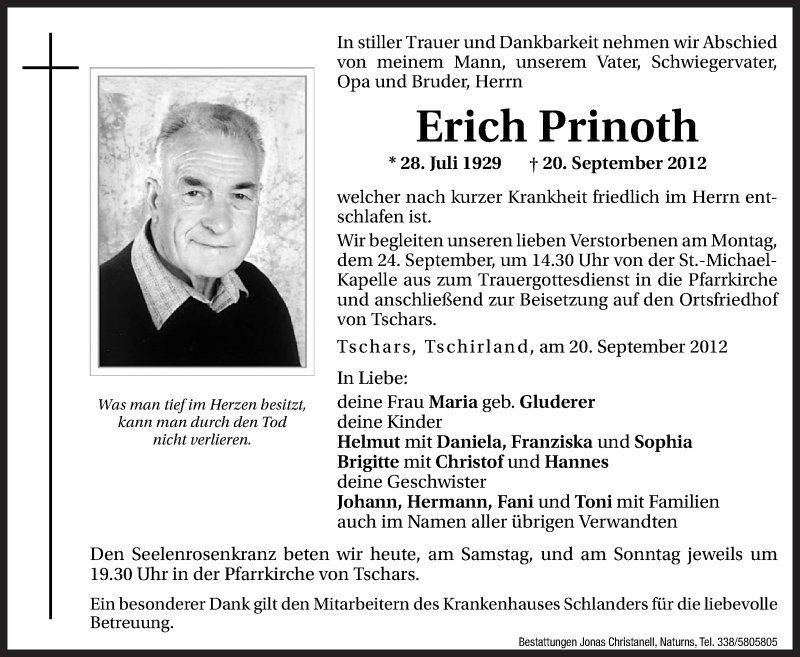  Traueranzeige für Erich Prinoth vom 22.09.2012 aus Dolomiten