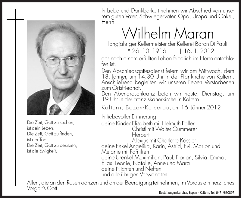  Traueranzeige für Wilhelm Maran vom 17.01.2012 aus Dolomiten