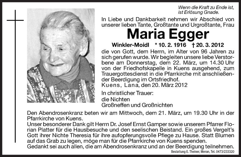  Traueranzeige für Maria Egger vom 21.03.2012 aus Dolomiten