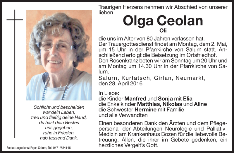  Traueranzeige für Olga Ceolan vom 30.04.2016 aus Dolomiten