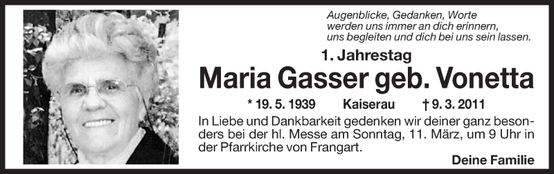  Traueranzeige für Maria Gasser vom 09.03.2012 aus Dolomiten