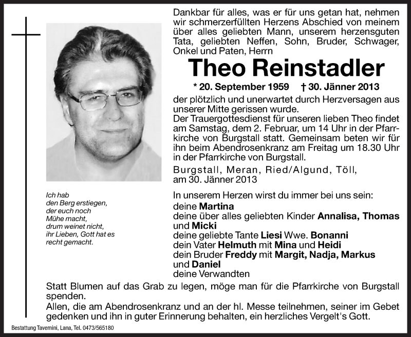  Traueranzeige für Theo Reinstadler vom 31.01.2013 aus Dolomiten