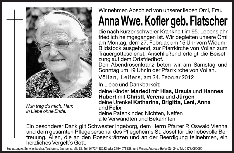  Traueranzeige für Anna Kofler vom 25.02.2012 aus Dolomiten