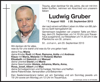 Traueranzeigen Von Ludwig Gruber | Trauer.bz