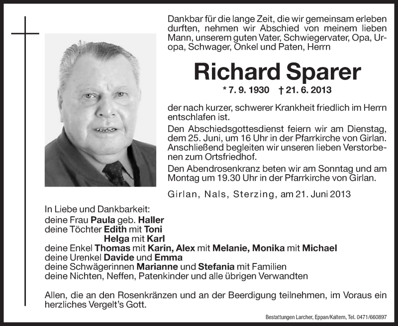  Traueranzeige für Richard Sparer vom 22.06.2013 aus Dolomiten