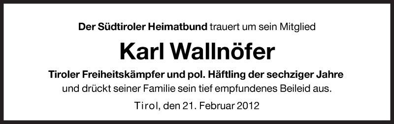  Traueranzeige für Karl Wallnöfer vom 21.02.2012 aus Dolomiten