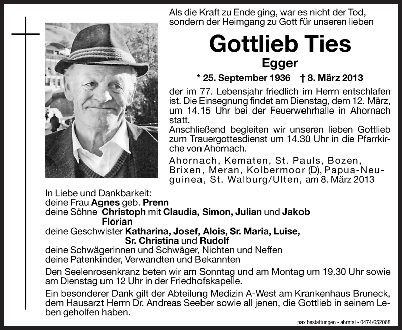  Traueranzeige für Gottlieb Ties vom 09.03.2013 aus Dolomiten