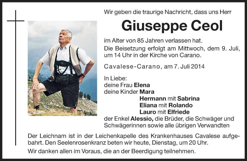  Traueranzeige für Giuseppe Ceol vom 08.07.2014 aus Dolomiten