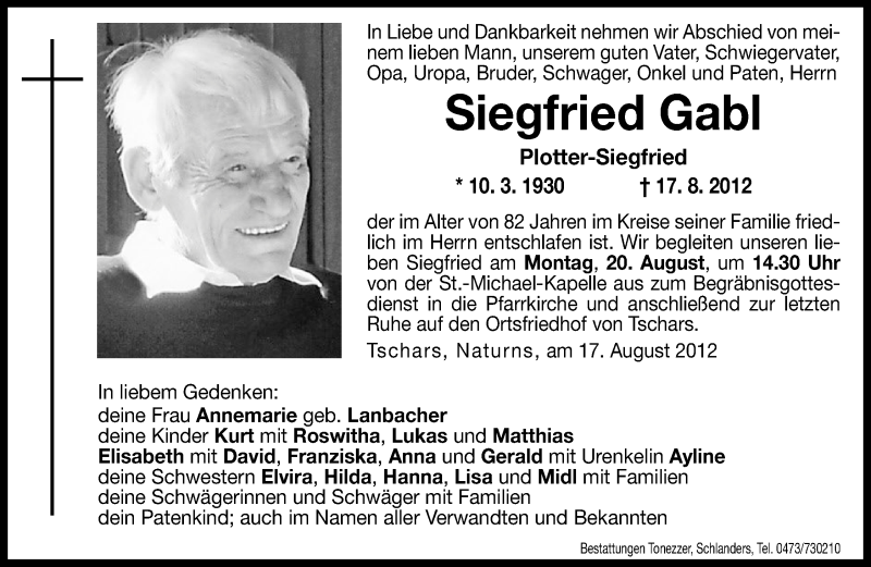  Traueranzeige für Siegfried Gabl vom 20.08.2012 aus Dolomiten