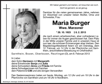 Traueranzeige von Maria Marzoner von Dolomiten