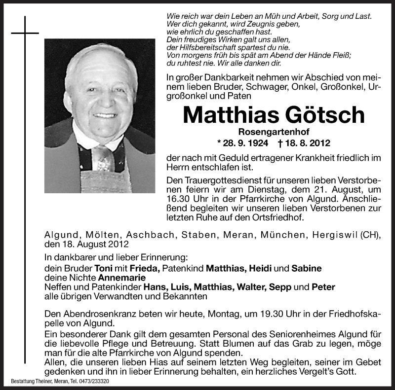  Traueranzeige für Matthias Götsch vom 20.08.2012 aus Dolomiten