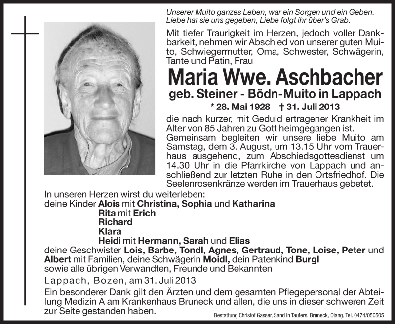  Traueranzeige für Maria Aschbacher vom 02.08.2013 aus Dolomiten