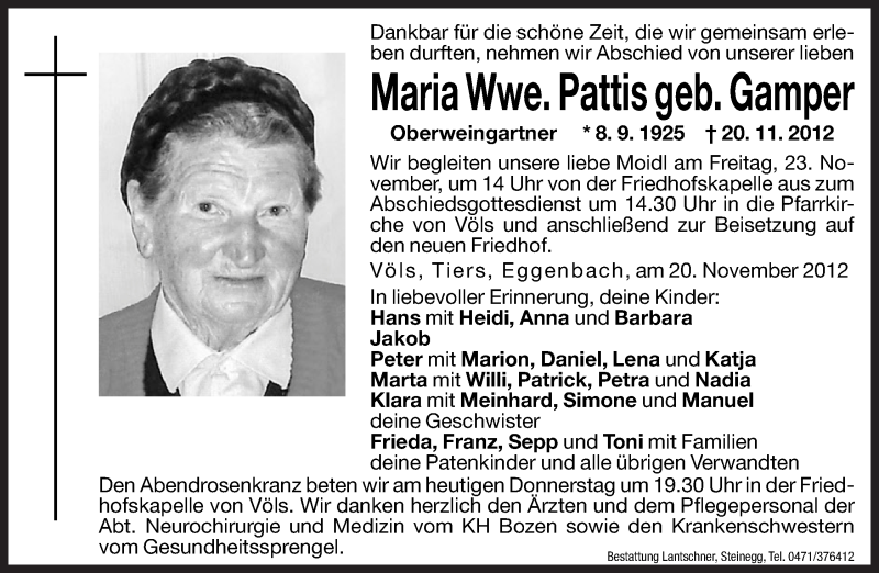  Traueranzeige für Maria Pattis vom 22.11.2012 aus Dolomiten