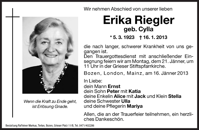  Traueranzeige für Erika Riegler vom 18.01.2013 aus Dolomiten