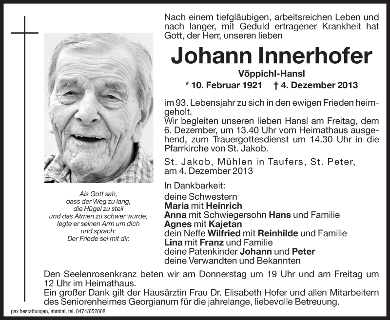  Traueranzeige für Johann Innerhofer vom 05.12.2013 aus Dolomiten